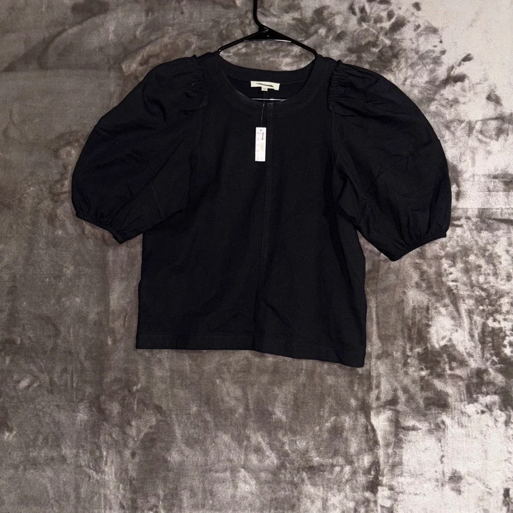 Madewell Womens XS Black Puff Sleeve Crew Neck Cotton Blend Top‎ Blouse